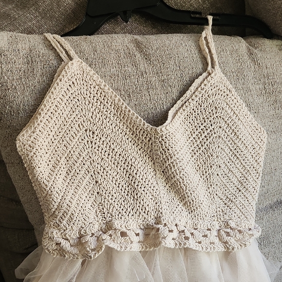 Lollita Ruffle Beige Tulle Midi Dress Knit Bodice Spaghetti Strap Layered Skirt - Picture 13 of 14